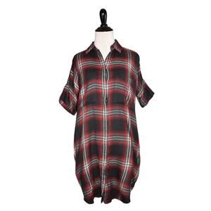 MADEWELL‎ $98 Grunge Plaid Short Sleeve Shirtdress in True Black XXS